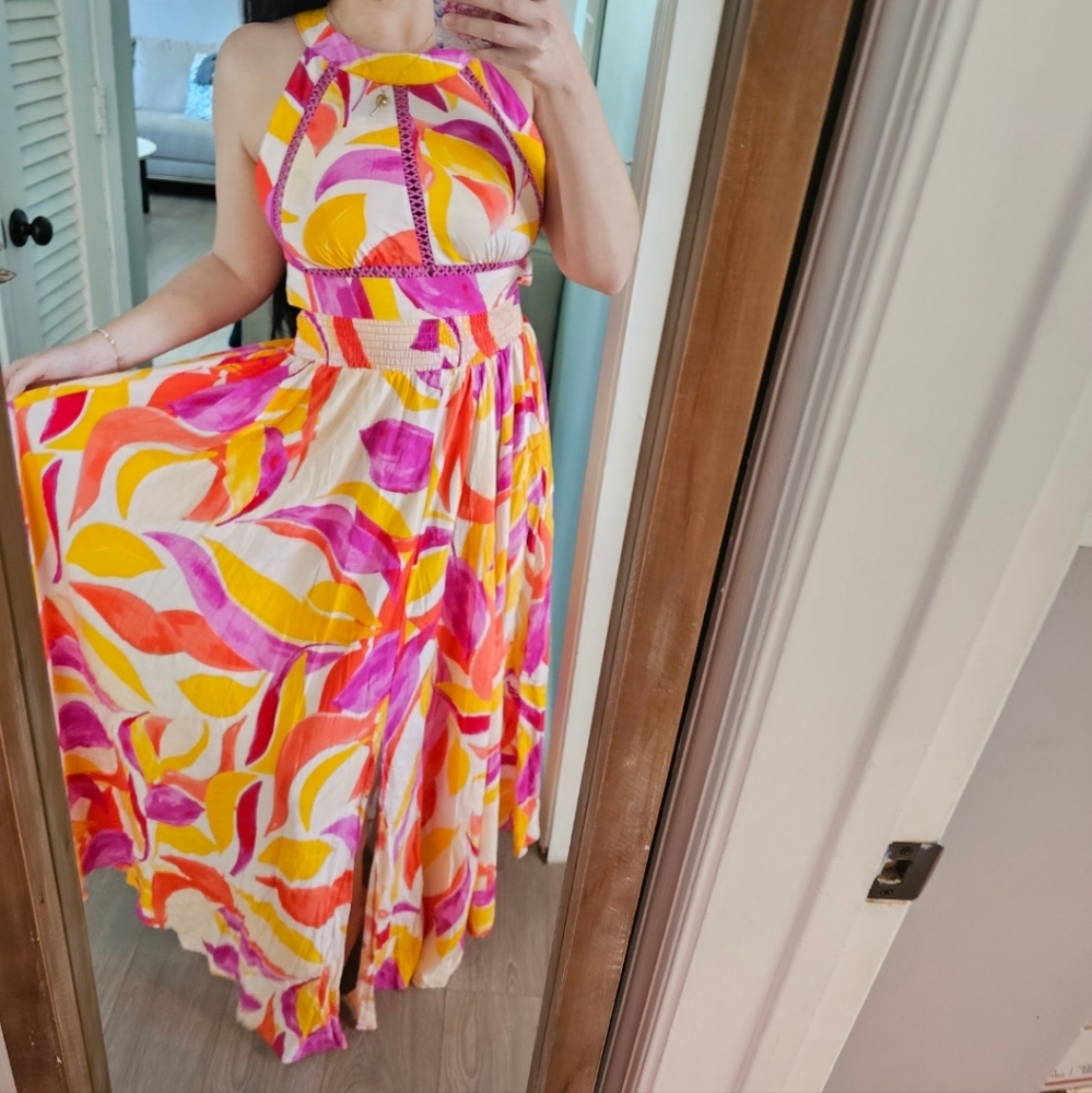 Abel the Label Anthropologie Rumi Maxi Dress  Yellow Purple Tie Back